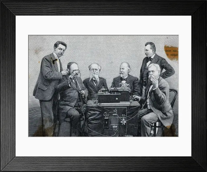 Framed Print : Woodcut Depicting M. Jaubert Experimenting with Microphonograph