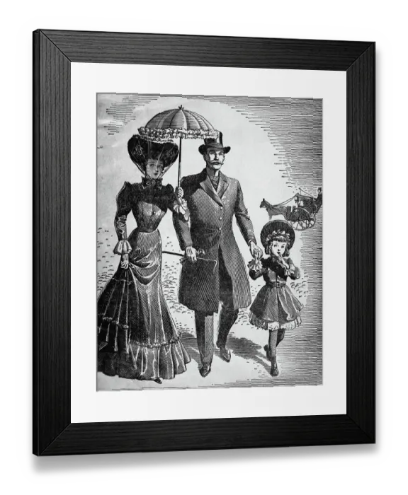 Framed Print : Woodcut; Fashionable Family On A Walk Framed Print : Woodcut; Fashionable Family On A Walk