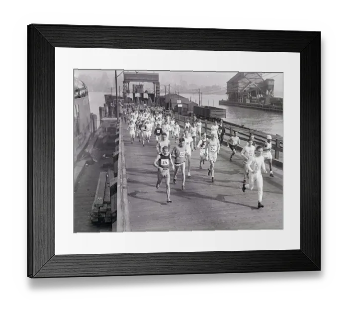 Framed Print : Runners Laving Ferry on Jersey Side While Participating in Cross Country Race