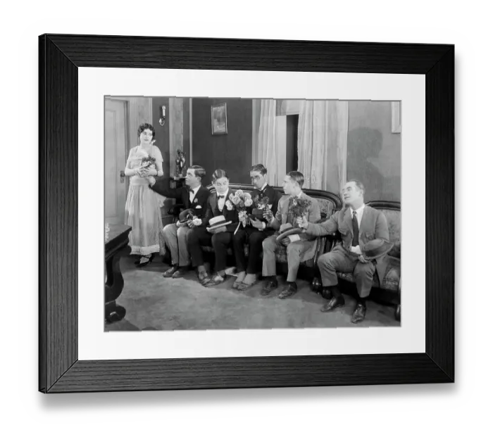 Framed Print : Suitors Sitting on Couches with Flowers Framed Print : Suitors Sitting on Couches with Flowers