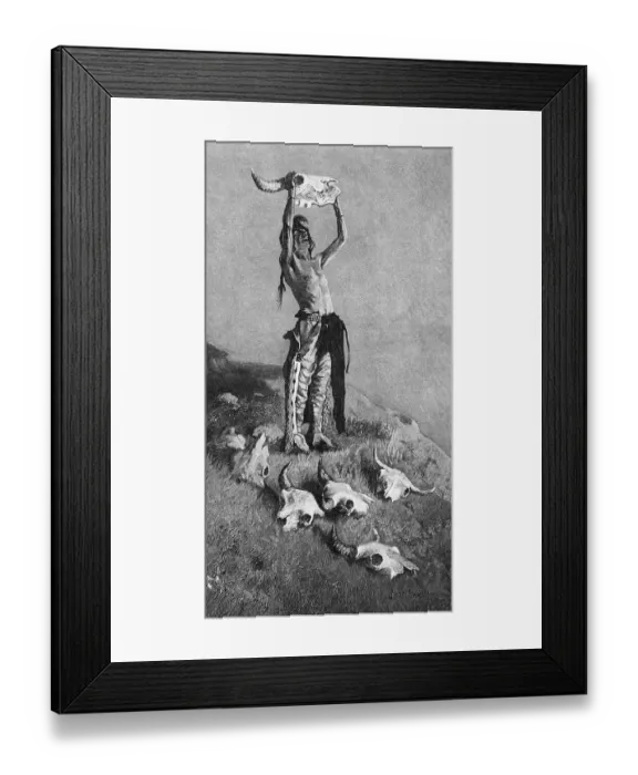Framed Print : Indian Holding Up Buffalo Head; Engravin Framed Print : Indian Holding Up Buffalo Head; Engravin