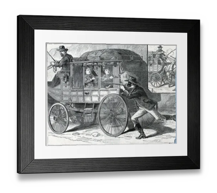 Framed Print : Women in Stagecoach Shoot at Masked Thief Framed Print : Women in Stagecoach Shoot at Masked Thief