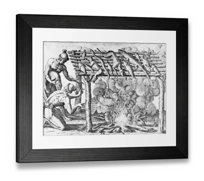 Framed Print : Engraving by Theodor de Bry After Mode of Drying Fish, Game and Other Provisions by Jacques Le Moyne Framed Print : Engraving by Theodor de Bry After Mode of Drying Fish, Game and Other Provisions by Jacques Le Moyne