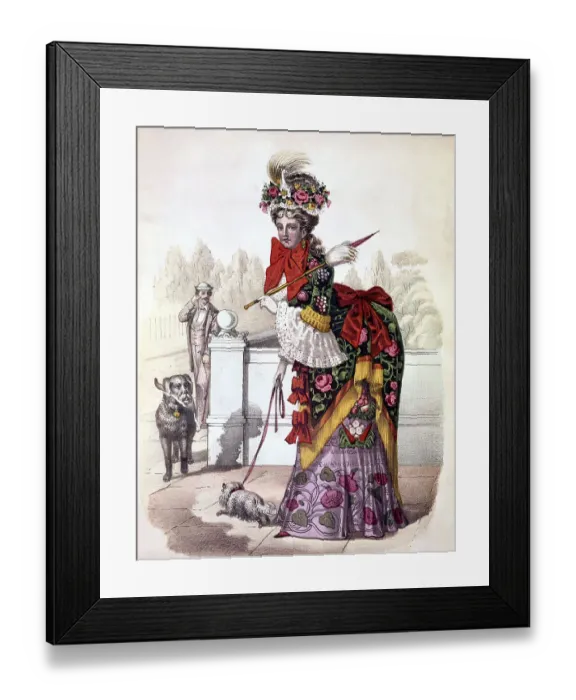 Framed Print : Woman Walking Dog in Bustled Dress Framed Print : Woman Walking Dog in Bustled Dress