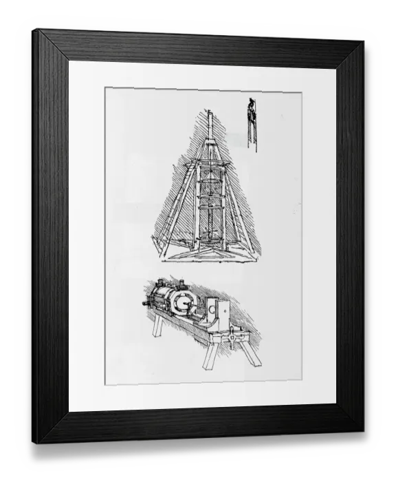 Framed Print : Drawing based on Drill and Drilling Tower by Leonardo da Vinci Framed Print : Drawing based on Drill and Drilling Tower by Leonardo da Vinci