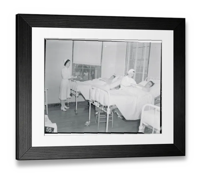 Framed Print : Nurses Louise Sell and Dolores Hernandez In Hospital Room with Patients Framed Print : Nurses Louise Sell and Dolores Hernandez In Hospital Room with Patients