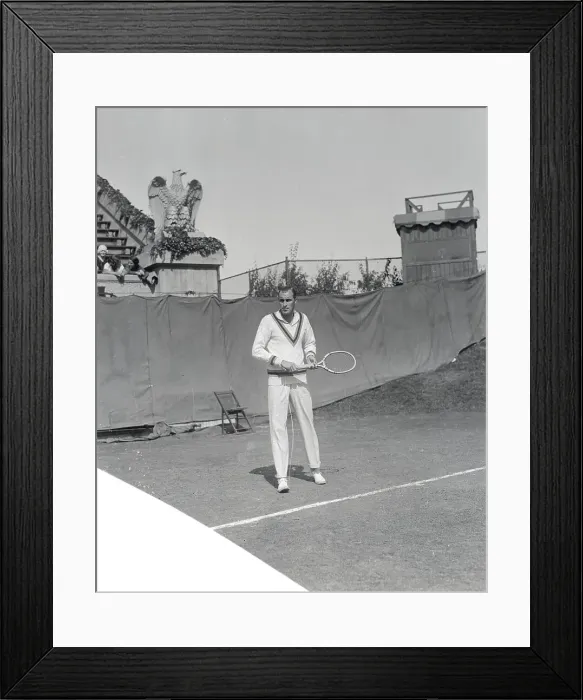 Framed Print : Bill Tilden Holding Tennis Racket on Court