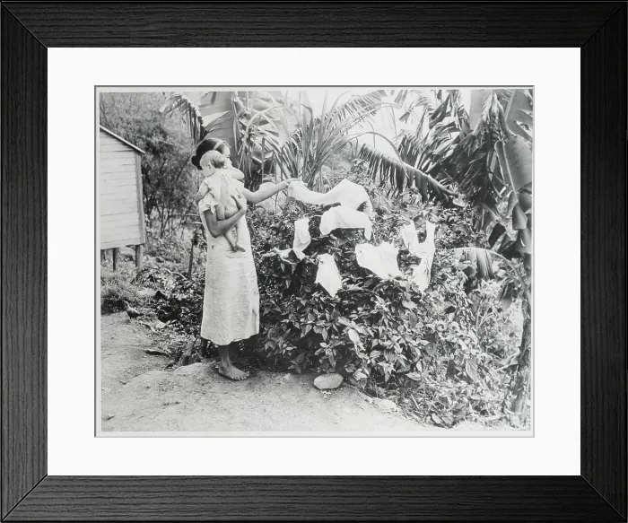 Framed Print : Woman Hanging Laundry on Bush Framed Print : Woman Hanging Laundry on Bush