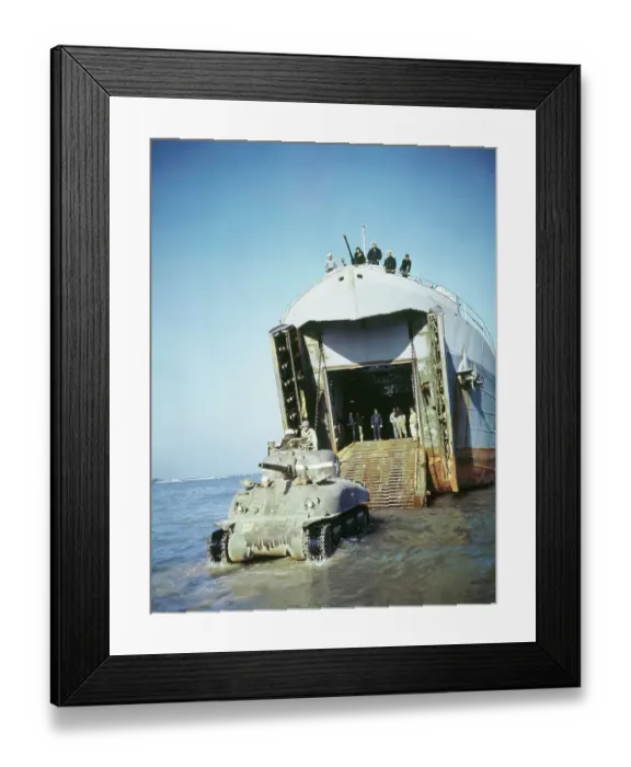 Framed Print : US Sherman Tank Being Unloaded from an LST Framed Print : US Sherman Tank Being Unloaded from an LST