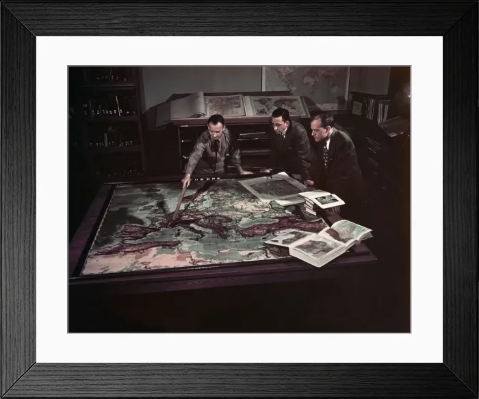 Framed Print : U.S. Air Force Personnel Looking at German Map Framed Print : U.S. Air Force Personnel Looking at German Map