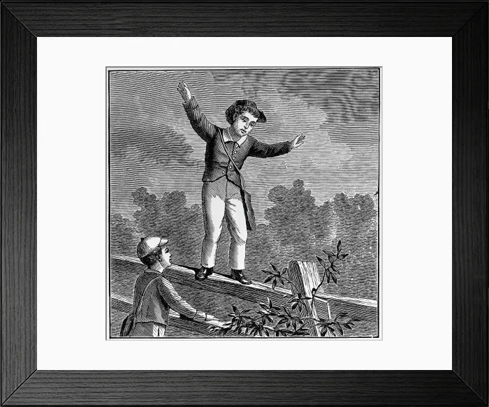 Framed Print : Woodcut Of Boy Walking On Fence / Balancin Framed Print : Woodcut Of Boy Walking On Fence / Balancin