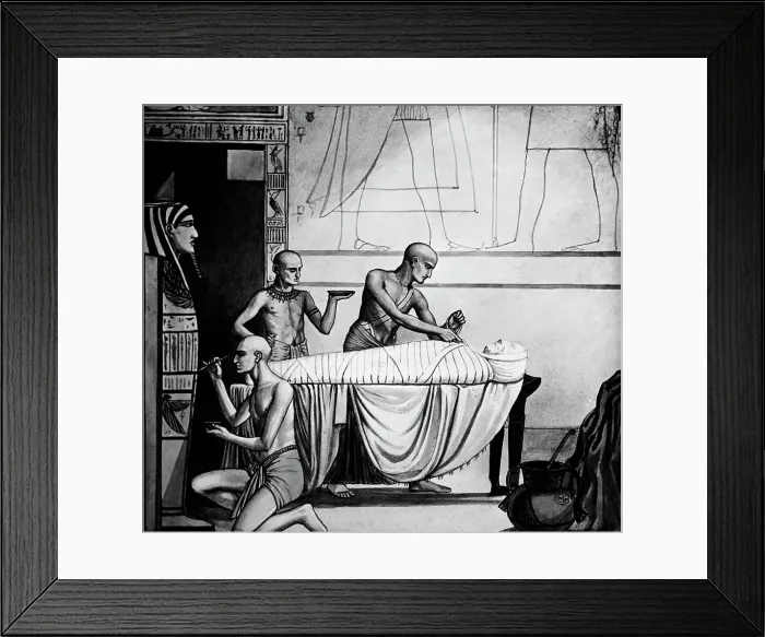 Framed Print : Drawing Depicting Egyptian Embalmers, Mummy and Coffin Framed Print : Drawing Depicting Egyptian Embalmers, Mummy and Coffin