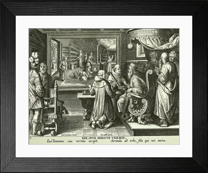 Framed Print : Engraving of Emperor Justinian Receiving Eggs of Silkworm by Joannes Galle after Johannes Stradanus Framed Print : Engraving of Emperor Justinian Receiving Eggs of Silkworm by Joannes Galle after Johannes Stradanus