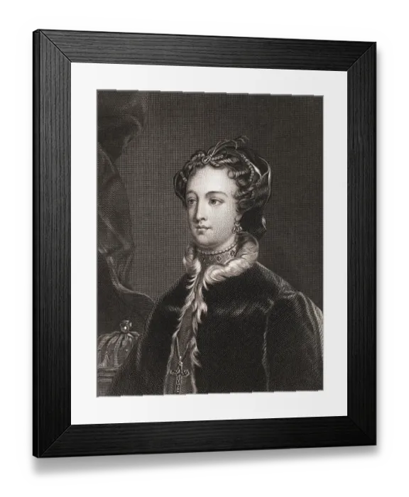 Framed Print : Drawing of Mary Stuart in Outerwear and Boarding Boat Framed Print : Drawing of Mary Stuart in Outerwear and Boarding Boat