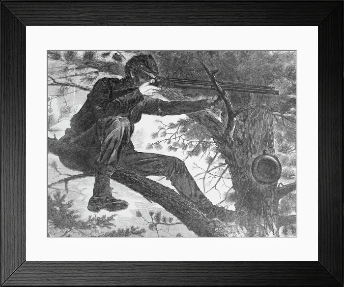 Framed Print : Man Aiming Rifle from a Tree Framed Print : Man Aiming Rifle from a Tree