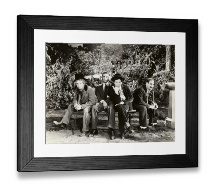 Framed Print : Marx Brothers Sitting on Bench Outside Framed Print : Marx Brothers Sitting on Bench Outside