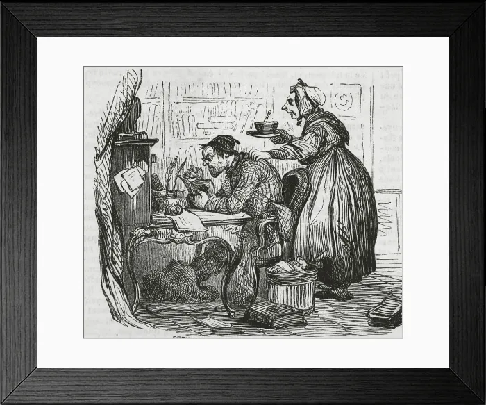 Framed Print : Drawing of Wife Serving Her Husband a Meal in Study Framed Print : Drawing of Wife Serving Her Husband a Meal in Study