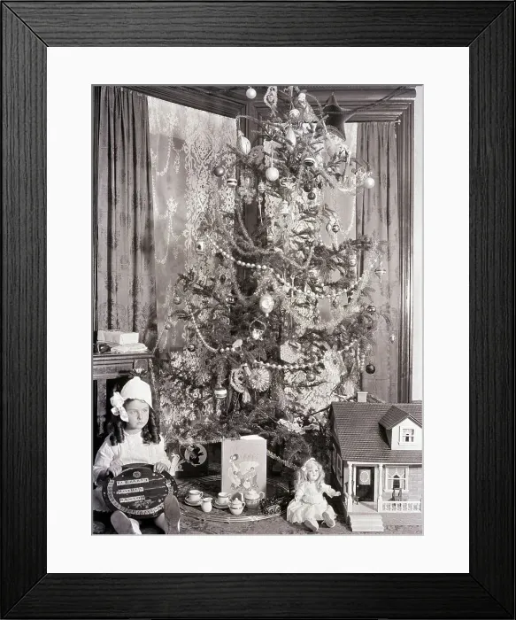 Framed Print : Girl with Toys at Christmas Tree