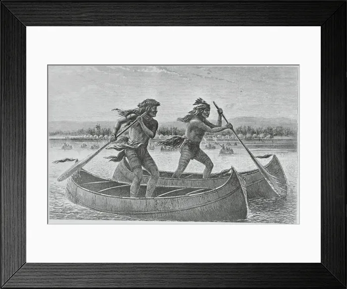 Framed Print : Indians Competing in Canoe Race Framed Print : Indians Competing in Canoe Race