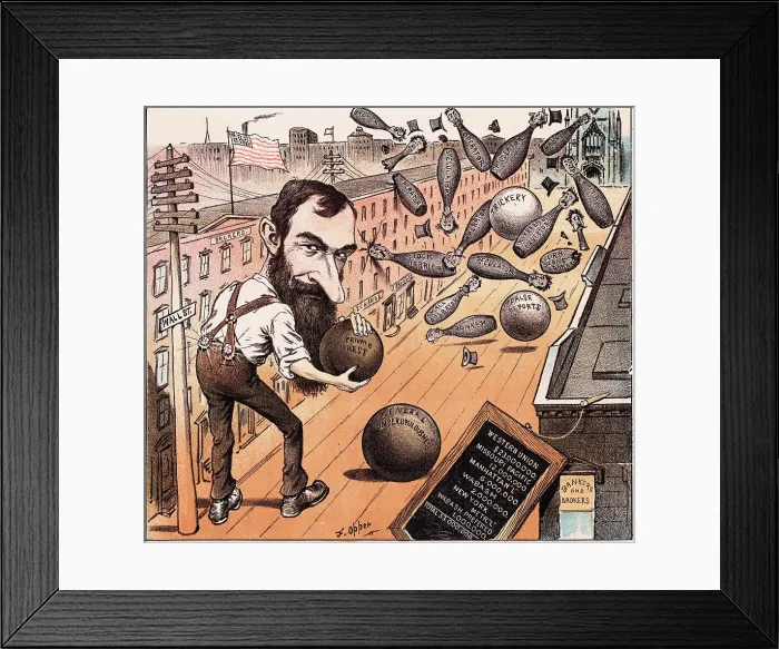 Framed Print : Cartoon of Jay Gould Bowling in Street Framed Print : Cartoon of Jay Gould Bowling in Street