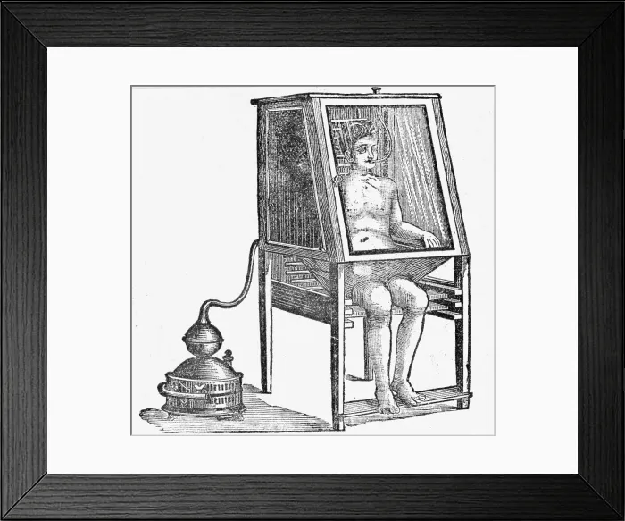 Framed Print : Drawing of Man Inside an Early Steam Bath Framed Print : Drawing of Man Inside an Early Steam Bath