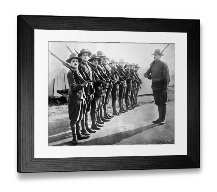 Framed Print : Charlie Chaplin Standing at Shoulder Arms Framed Print : Charlie Chaplin Standing at Shoulder Arms
