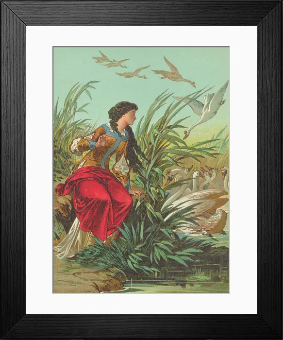 Framed Print : Lithograph of Woman and Swans