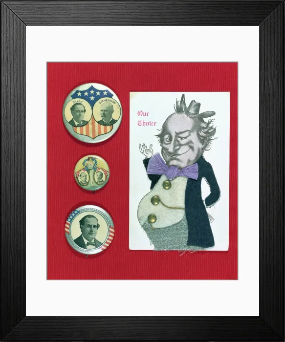 Framed Print : Campaign Buttons and Sketch of William Jennings Bryan and Peers Framed Print : Campaign Buttons and Sketch of William Jennings Bryan and Peers
