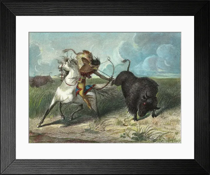 Framed Print : Native American Hunting Buffalo with Bow and Arrow