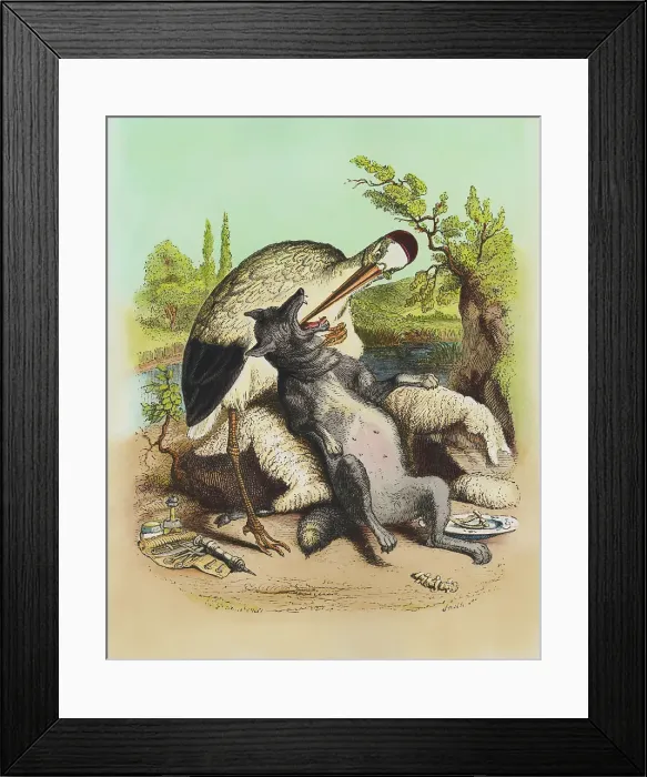 Framed Print : Depiction of Large Crane Examining a Wolf Framed Print : Depiction of Large Crane Examining a Wolf