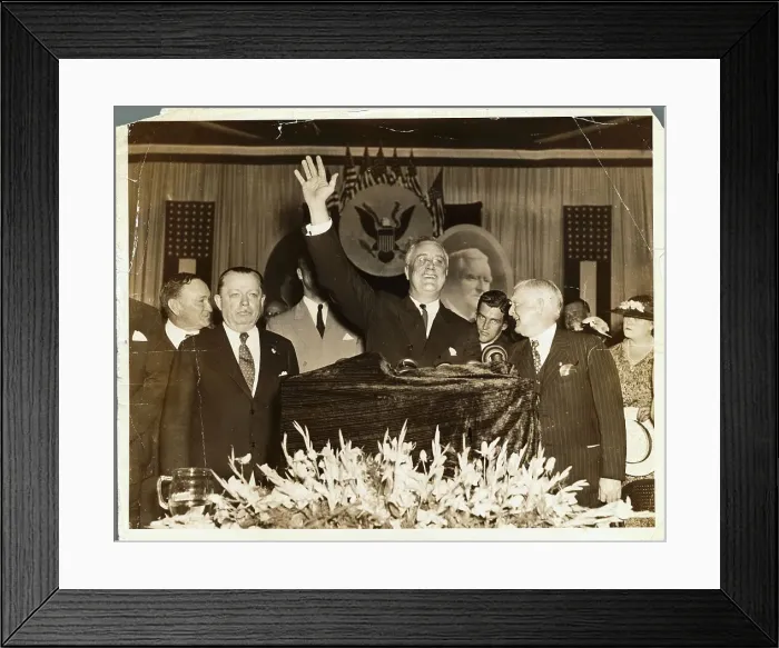 Framed Print : Franklin D. Roosevelt at Podium with Officials Nearby