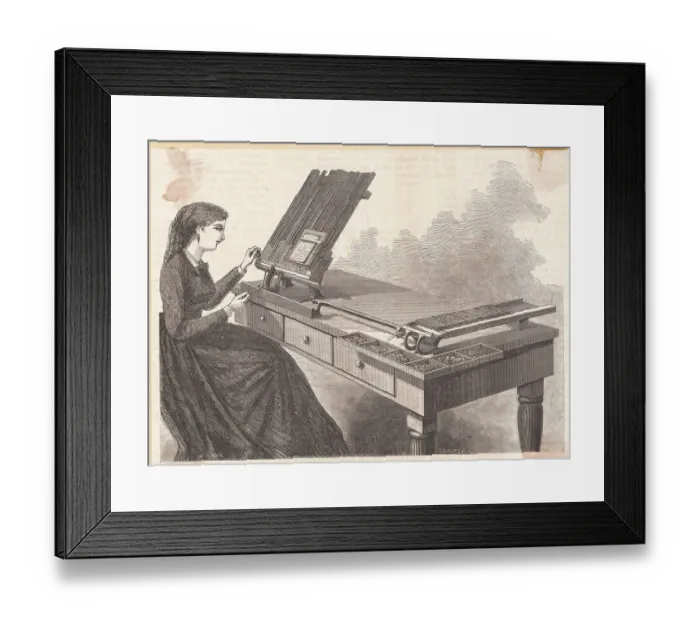 Framed Print : Woman Using Typesetting Machine