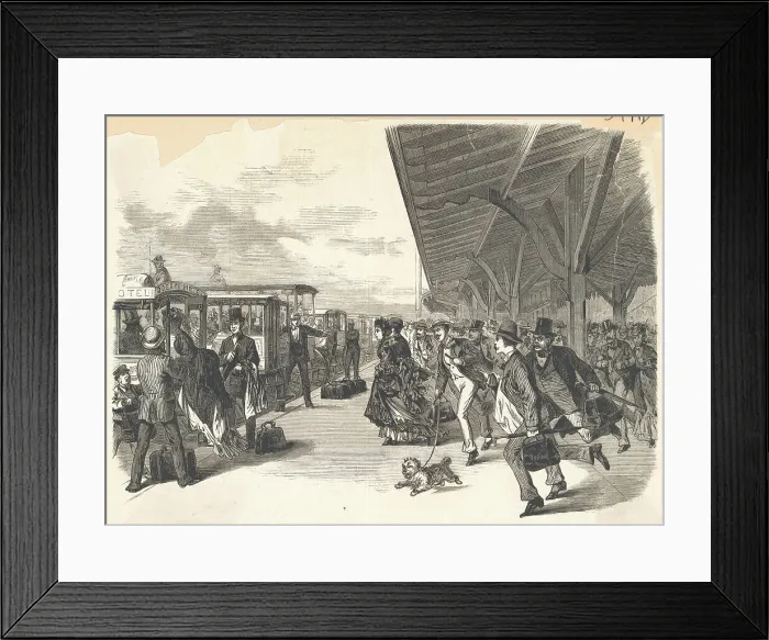Framed Print : Travelers Hastily Approaching Taxis at Train Depot Framed Print : Travelers Hastily Approaching Taxis at Train Depot