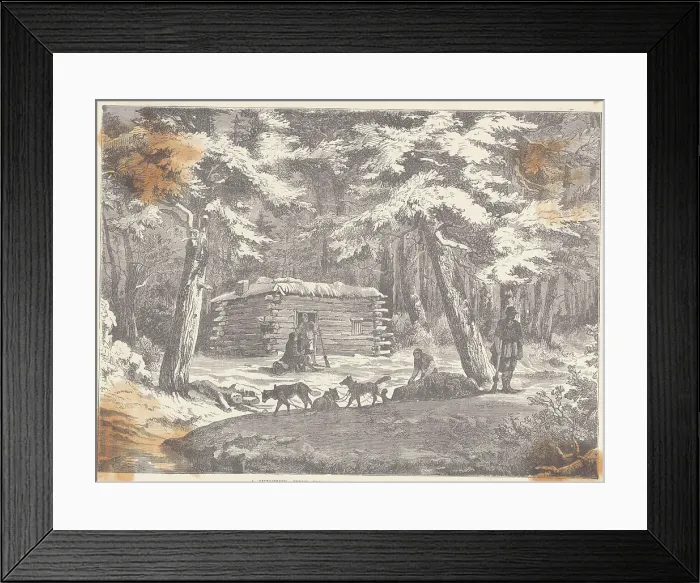 Framed Print : Men and Dogs Outside Cabin in Forest Framed Print : Men and Dogs Outside Cabin in Forest