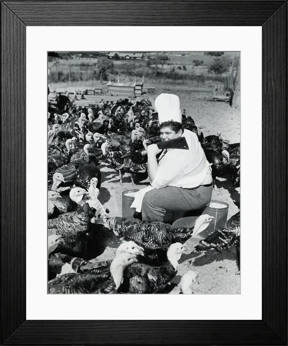 Framed Print : Man with a Cleaver Surrounded by Turkeys