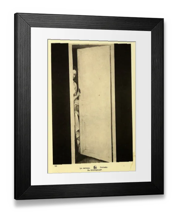 Framed Print : Woman Undressed Peering from Behind Door Framed Print : Woman Undressed Peering from Behind Door