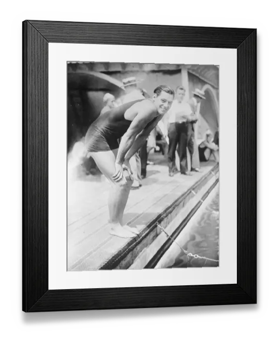 Framed Print : Olympic Swimmer Johnny Weissmuller at the Pool