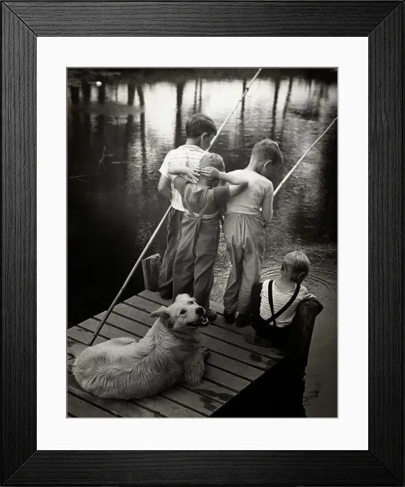 Framed Print : Dogs Supervising Fishing Boys Framed Print : Dogs Supervising Fishing Boys