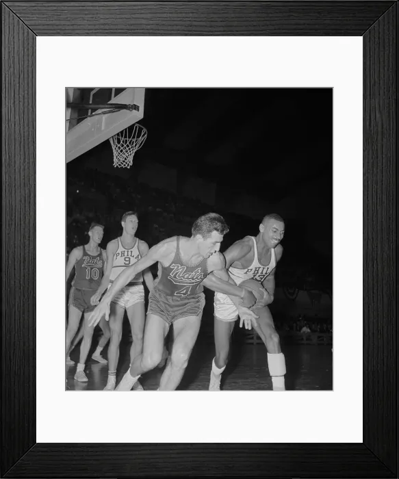 Framed Print : Nat Dolph Schayes and Wilt Chamberlain Fighting for Rebound Framed Print : Nat Dolph Schayes and Wilt Chamberlain Fighting for Rebound