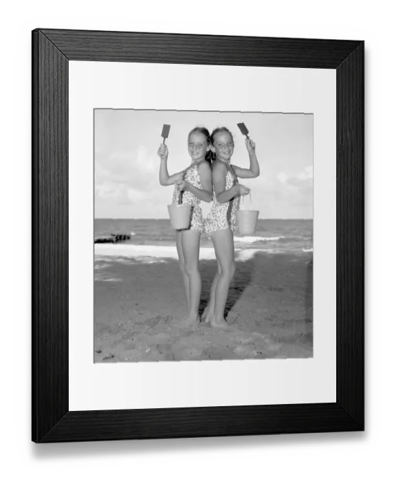 Framed Print : Twin Sisters (10-12) Posing With Their Sand Buckets and Shovels