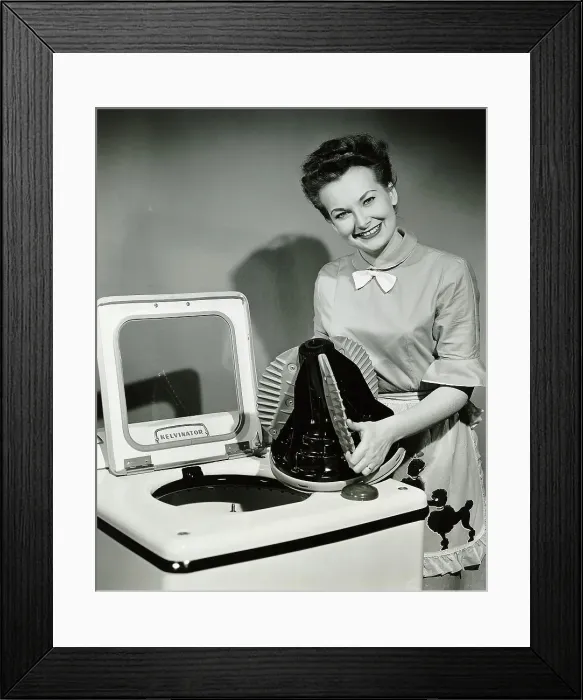 Framed Print : Woman Posing With Washing Machine Framed Print : Woman Posing With Washing Machine