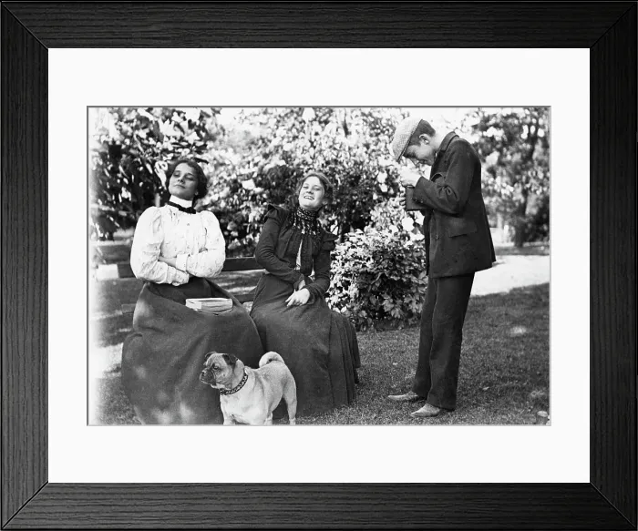 Framed Print : Women Pose On Bench For Boy W / Camera