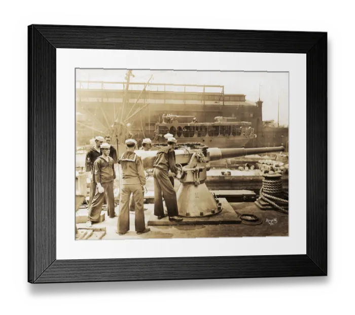 Framed Print : Gun Practice; Sailors On Boat In Harbor Framed Print : Gun Practice; Sailors On Boat In Harbor