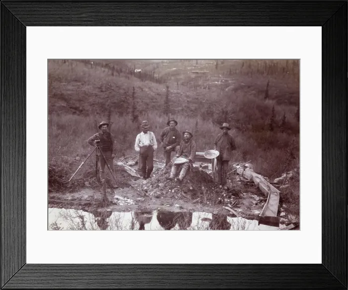 Framed Print : Men Beside Stream Ready To Pan For Gold Framed Print : Men Beside Stream Ready To Pan For Gold