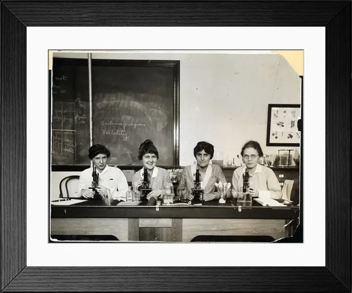 Framed Print : Women Seated At Microscopes In Lab