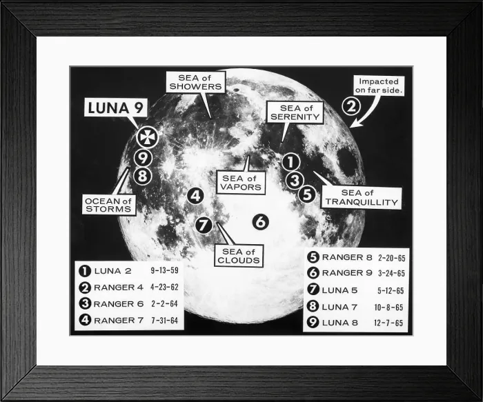 Framed Print : Photo Of Moon W / Numbers Marking Landings Framed Print : Photo Of Moon W / Numbers Marking Landings