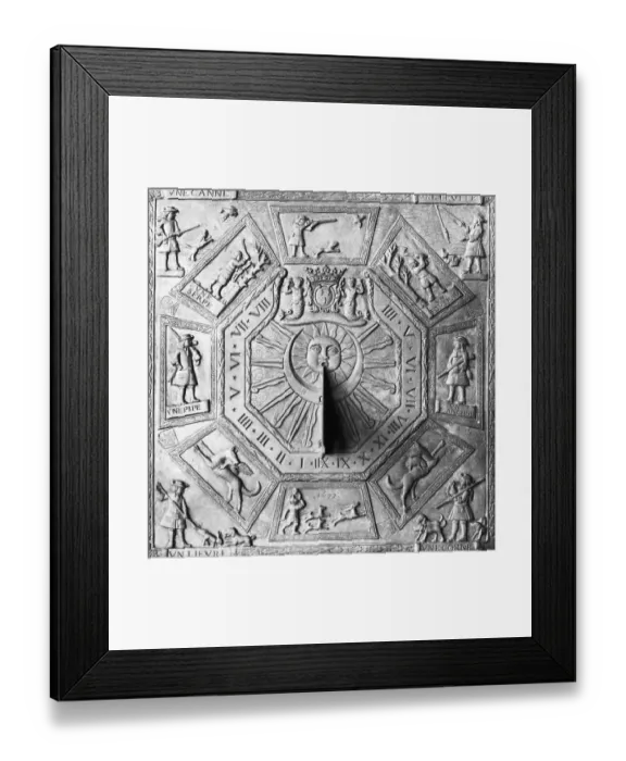 Framed Print : Ancient Sundial with Hunting Figures Framed Print : Ancient Sundial with Hunting Figures