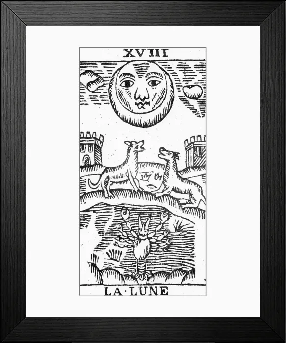 Framed Print : Old Tarot Card; 2 Dogs Bark @ Moon;Lobst
