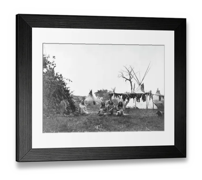 Framed Print : Indians; Meat Drying, Teepees In Backgro Framed Print : Indians; Meat Drying, Teepees In Backgro