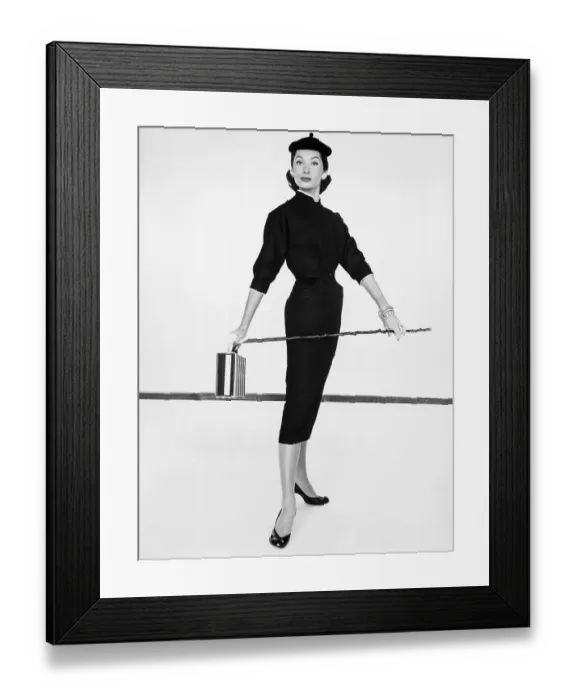 Framed Print : Model In Black Dress; Handbag, Cane Framed Print : Model In Black Dress; Handbag, Cane